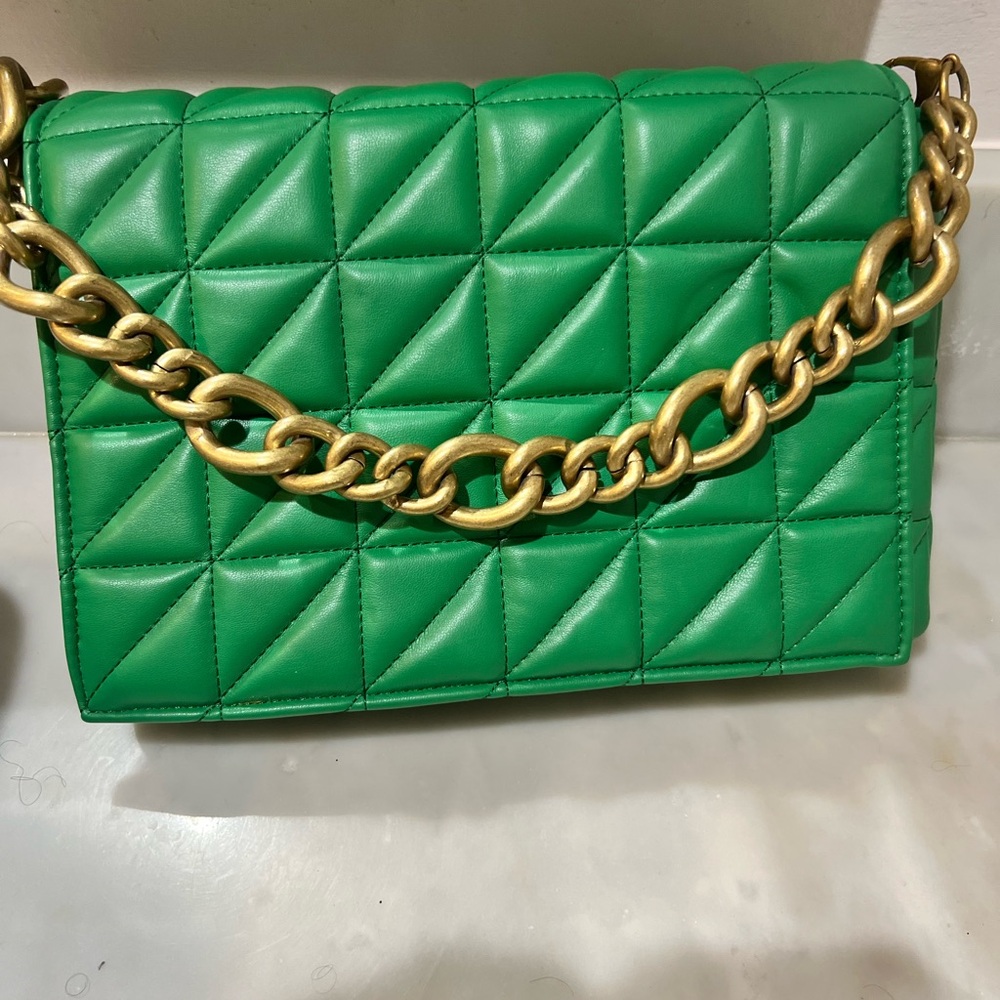 Zara Chic Green Quilted Handbag with Gold Chain